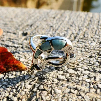 

DJ CH Interesting Sea Life Fish Design Gemstone Ring, Solid 925 Sterling Silver& Natural Larimar Anniversary Ring for Sweetheart