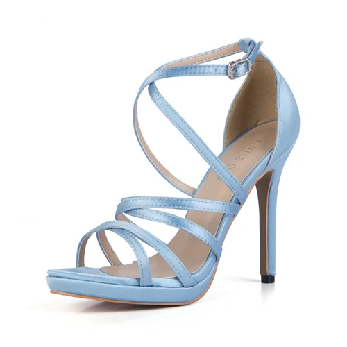 CHMILE CHAU/блестящие пикантные женские туфли для свадебной вечеринки; сандалии-гладиаторы на шпильке в римском стиле с пряжкой и ремешком на щиколотке; 0640A-4c - Цвет: Light Blue Satin