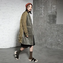 Дизайн повседневное Свободное длинное зимнее пальто с круглым вырезом из искусственной овчины Лоскутная Женская куртка-пуховик на белом утином пуху