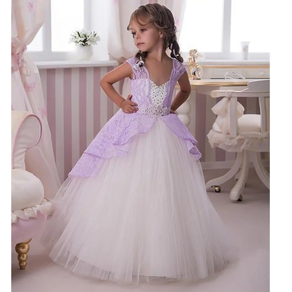 Portrait Lace Sash Beaded Tulle Ball Gown Baby Girl Birthday Party Kids ...