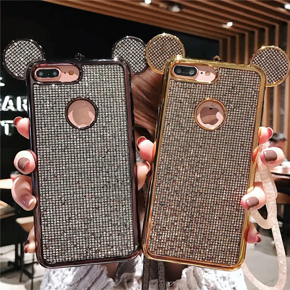 

Luxury Glitter 3D Minnie Mickey Mouse Ears Soft TPU Case For iPhone XS Max XR X 7 8 Plus Bling Mosaic Cover Phone Bags Coque