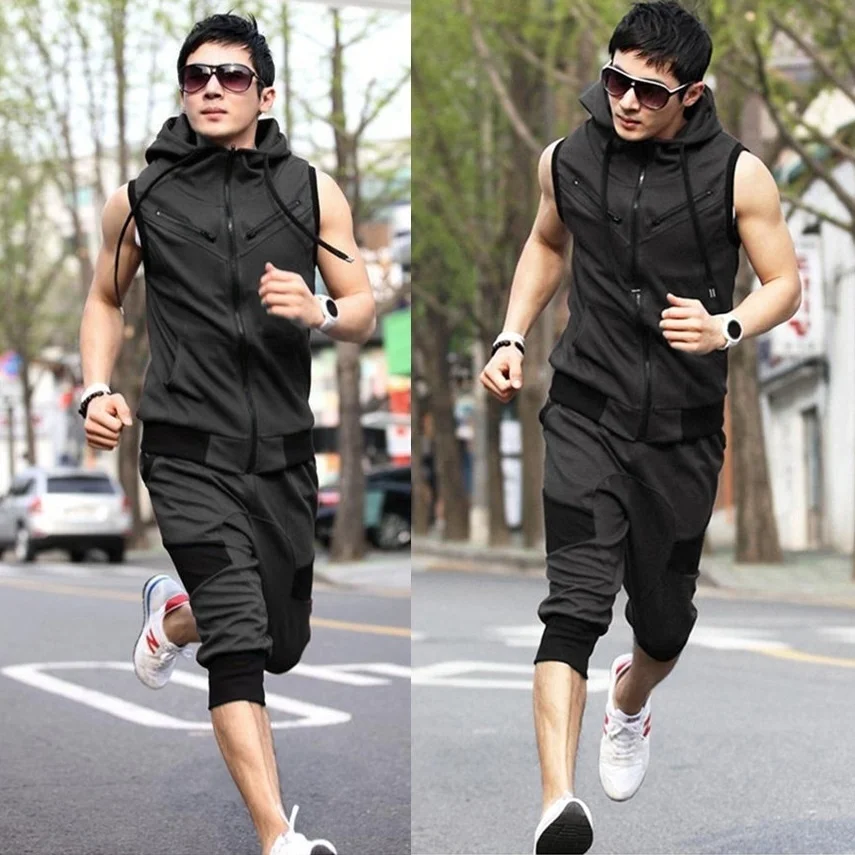 

ZOGAA Men Summer Hoodie Sleeveless Sweatshirt Set Drawstring Solid Calf-Length Tracksuit Mens 2 Piece Sportswear Pant Suit