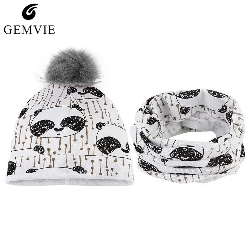 Cartoon Animal Print Cap & Scarf Sets for Baby Kids Keep Warm Cotton