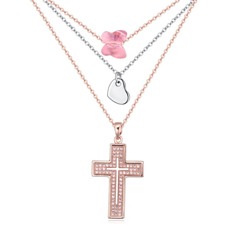 

Baffin Crystals From SWAROVSKI Rose Gold Color Cross Necklaces & Pendants For Women Multi Layer Chain Jewelry Christmas Gift