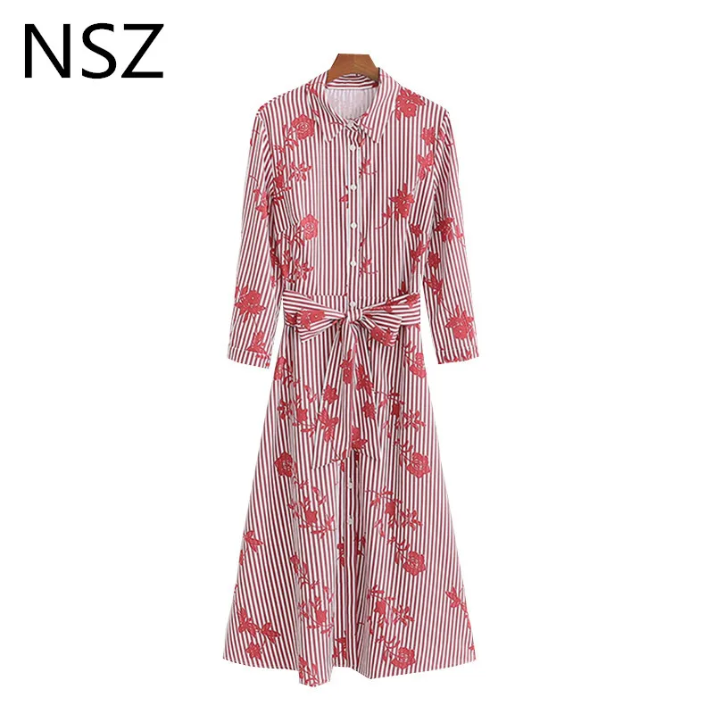 

NSZ Women Print Striped Long Shirt Dress Turn Down Collar Button With Belt 3/4 Sleeve Midi Dress A-Line Dresses Vestidos