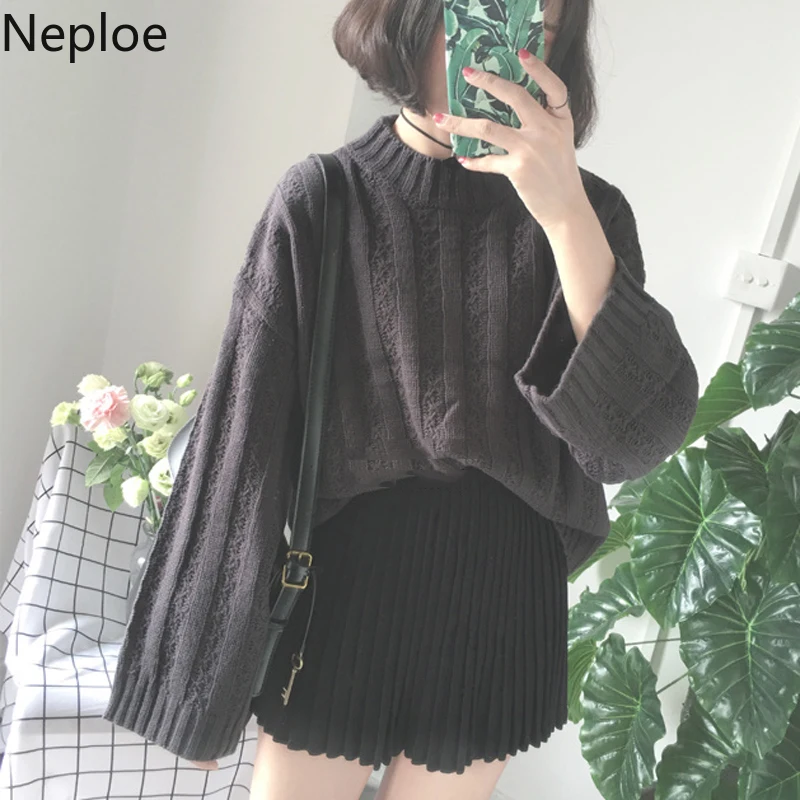 Neploe/корейские модные свитера с длинным рукавом для женщин, вязаный однотонный пуловер с высоким воротом, джемпер, свободный свитер Harajuku большого размера