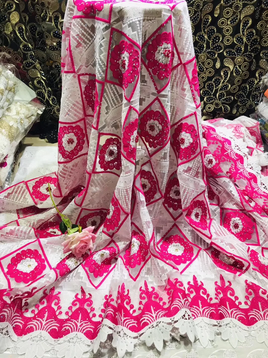 

Beautifical nigerian lace fabrics 2019 New design tulle lace beads fabric 5yards/lot embroidery lace stones fabbric ML41N64