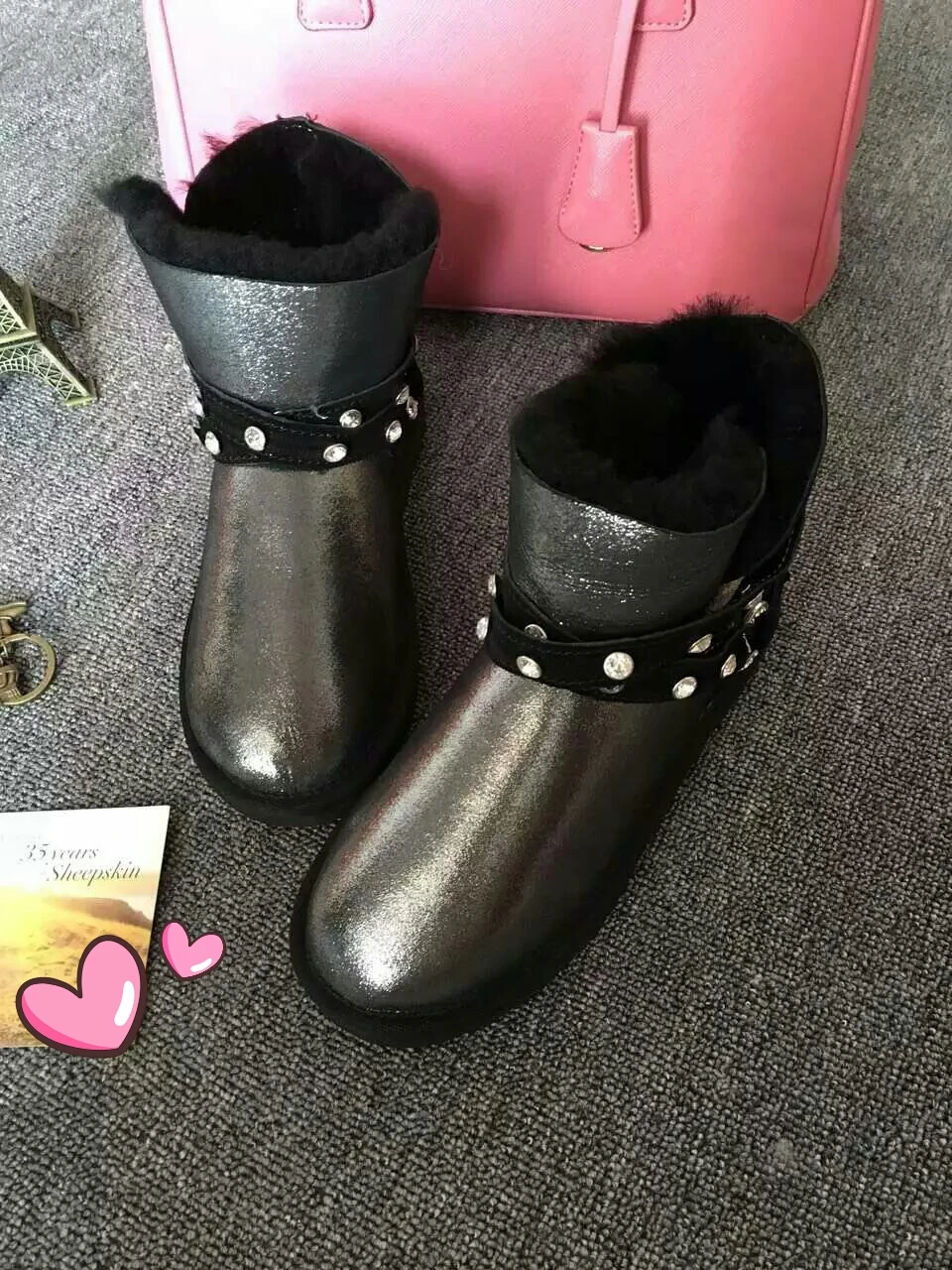 winter women boots sheep fur one diamond rivet buckle short tube slip