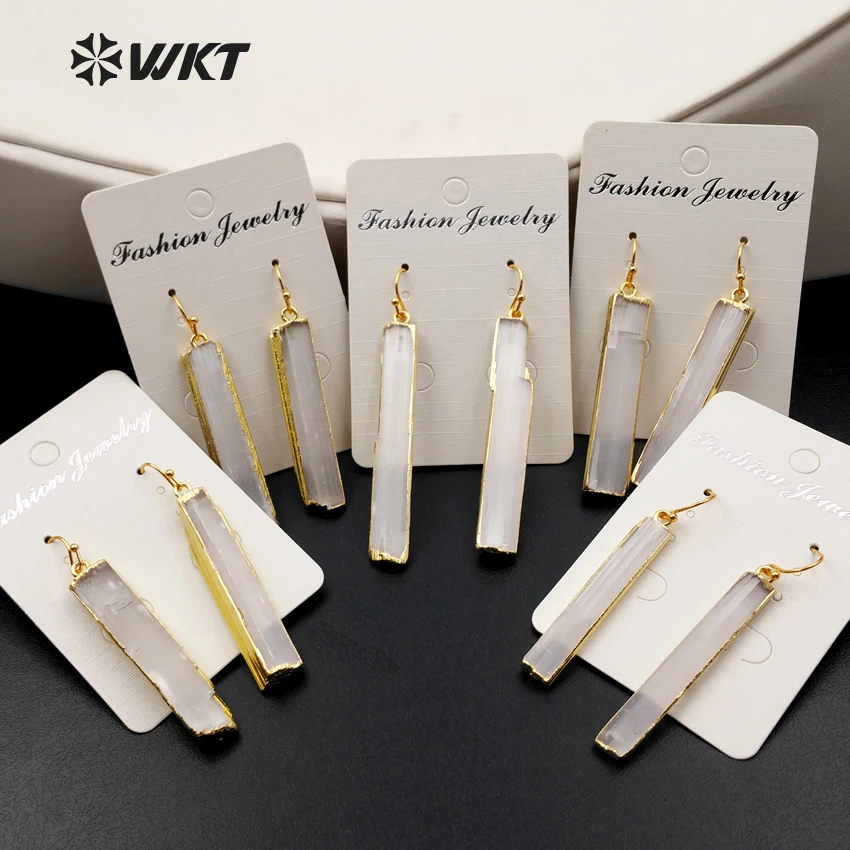 WT-E341 Wholesale Custom New Arrived Selenite Bar Earrings With Gold Trim Long Earrings For Women Gift Unique Shape 5pcs/lot