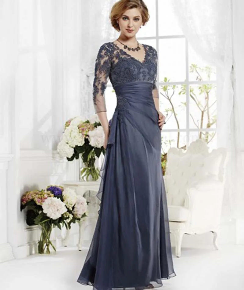 Floor Length Mother Of The Bride Dresses Plus Size 2016 Elegant Chiffon Appliques Lace Floor Length Sleeved Mother Of the