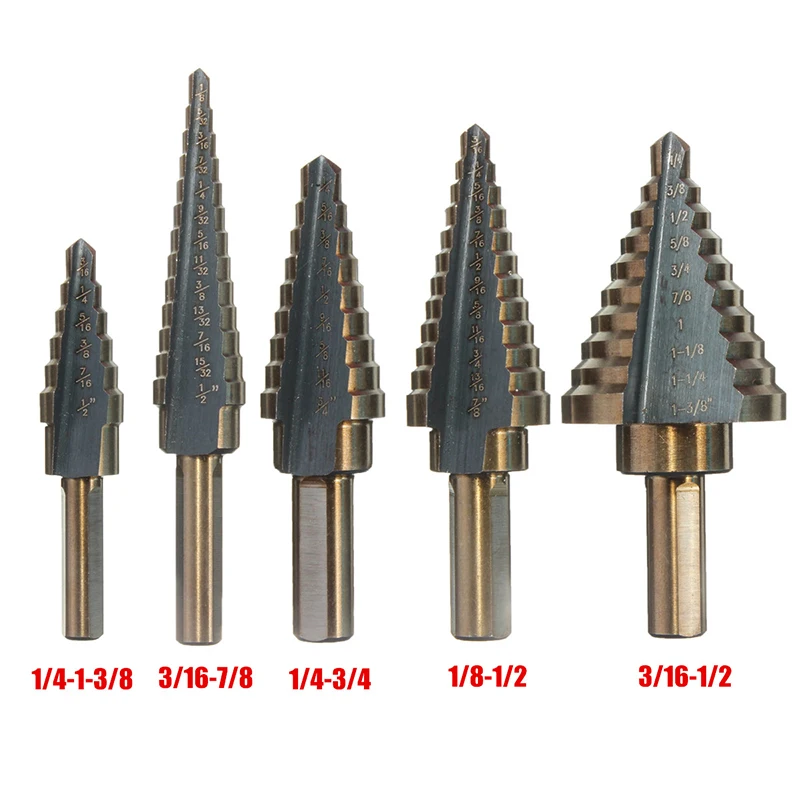 DOERSUPP профессиональный 5 шт./компл. HSS Кобальт несколько отверстий 50 размеров Шаг сверло набор с алюминиевым чехлом для дерева
