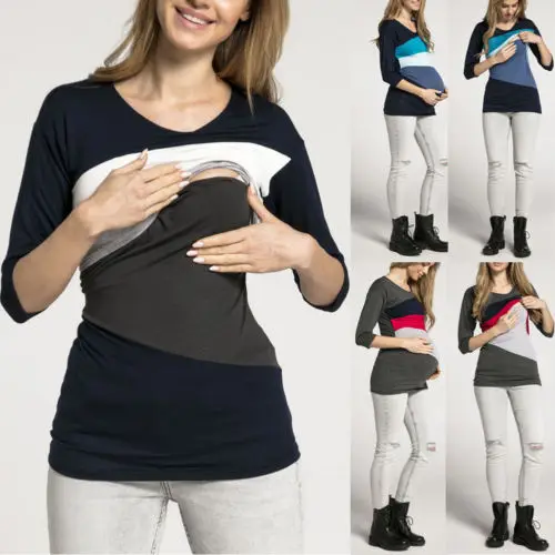 

Pudcoco New Spring Autumn Women Nurcing T Shirt Pregnant Maternity Nursing Splice Top Breastfeed Long Sleeve Pregnancy Clothes