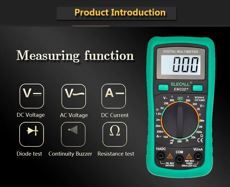 Мультиметр ELECALL 3 1/2 EM33D+ AC/DC 600 в зеленая Защитная крышка подсветка Удержание данных тестер напряжения батареи защита от перегрузки