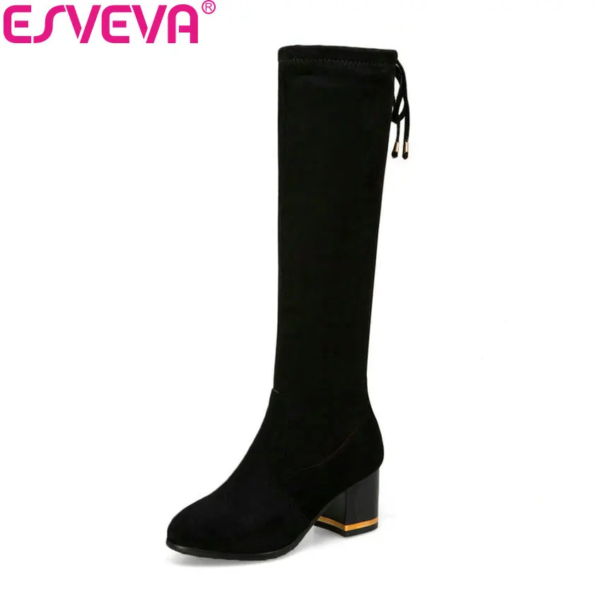 

ESVEVA 2019 Women Winter Boots Lace Up Knee High Boots Suede Square High Heels Shoes Round Toe Autumn Shoes Woman Size 34-43