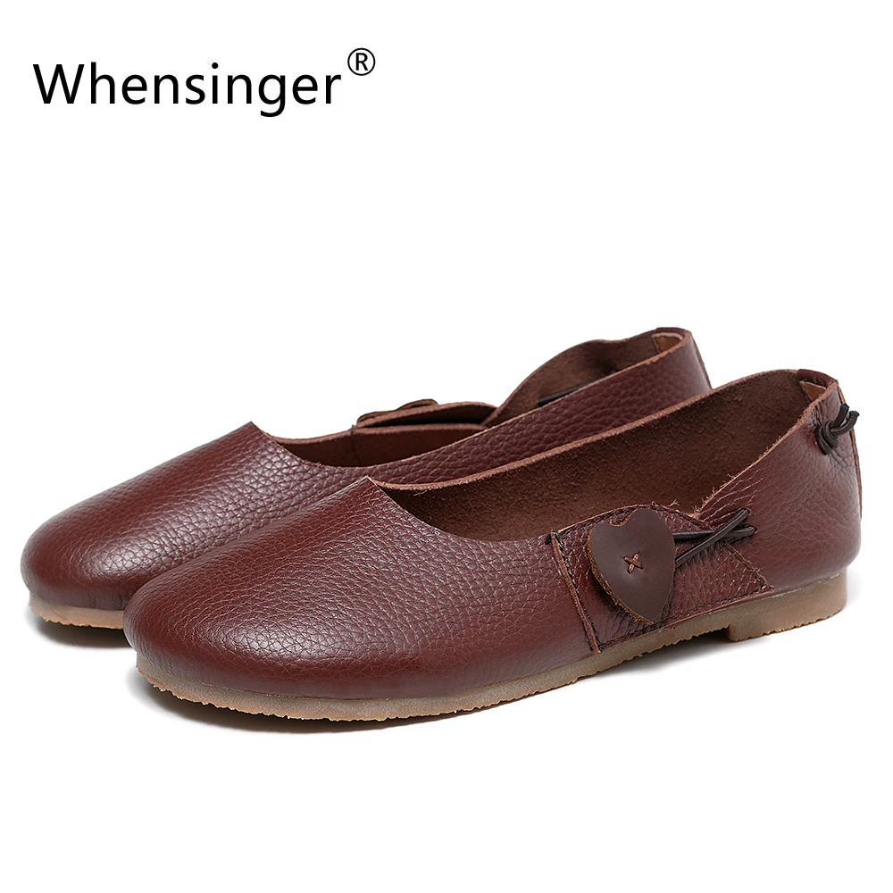 

Whensinger - 2018 Summer New Full Grain Leather Woman Shoes Slip-On Flats Heart-Shaped Decoration Round Toe 2 Color 8820
