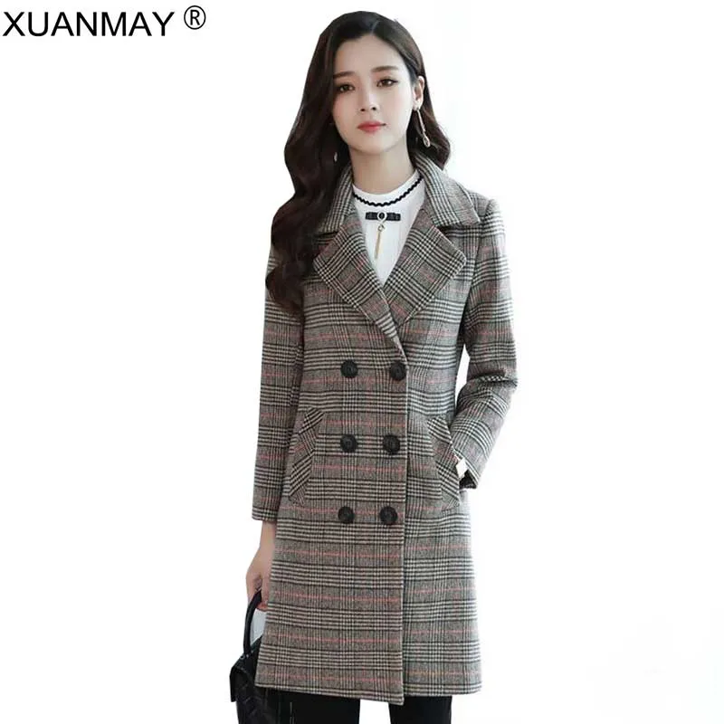 Весенний длинный шерстяной жаккардовый клетчатый кардиган, пальто, Корейская версия, свободная зимняя женская уличная одежда, кардиган на пуговицах, плотное пальто - Цвет: Khaki lattice
