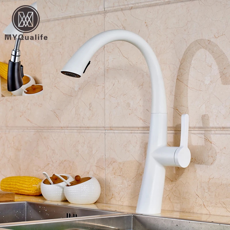 

New Hot Sale Pull Out Spout Kitchen Faucet White Painting Kitchen Vessel Sink Mixer Tap Sprayer Swivel Spout Water Taps