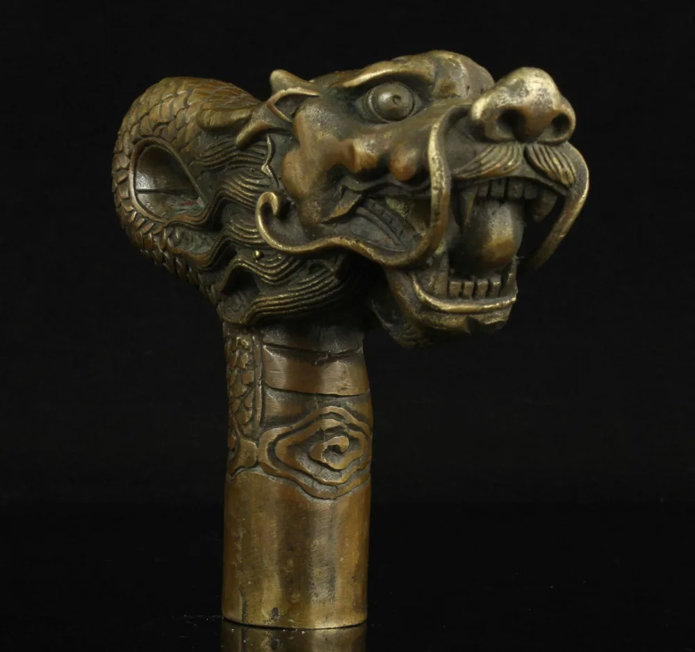 

100% bronze Pure Copper Brass old Grandpa Good Lucky Walking Stick Head China Old Handwork Carving Bronze Dragon Statue Cane