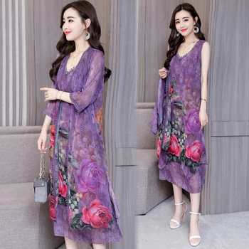 

5xl Plus Size Dress Women Print 2 Piece Set Purple Cardigan Outside Vestido De Festa Vestidos Dress Elegant Conjunto Feminino