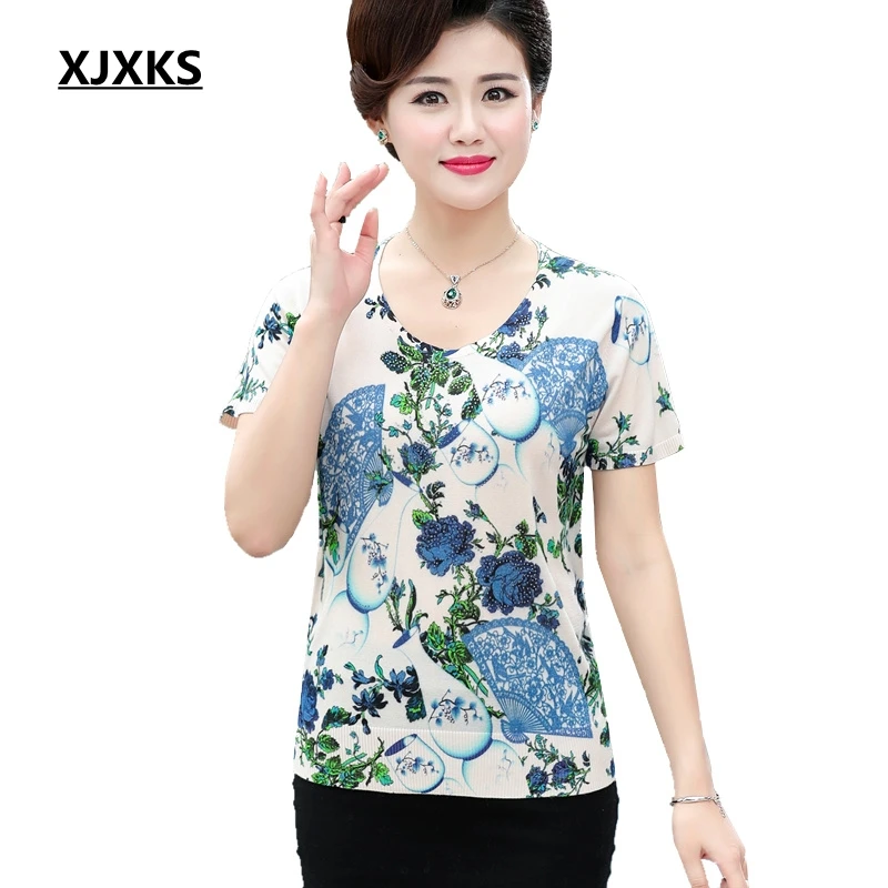 

XJXKS New 2019 Print Floral O-Neck T Shirt Knitted Casual Tops Women T-shirt Female Fashion Plus Size Tee Free Shipping