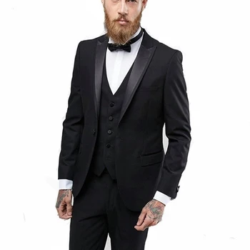 

Mens Black Peak Lapel Wedding 3 Piece Suit Business Tux Slim Fit Men Evening Suit One Button Prom Formal Casual Grooms Blazer