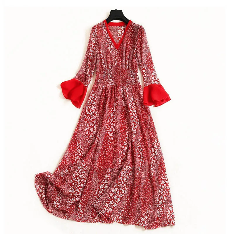 

Women Summer Luxury Dress Floral Snake Print Chiffon Luxury Party Dresses Female Robes Flare Sleeves Elastic Waist Boho Sundress