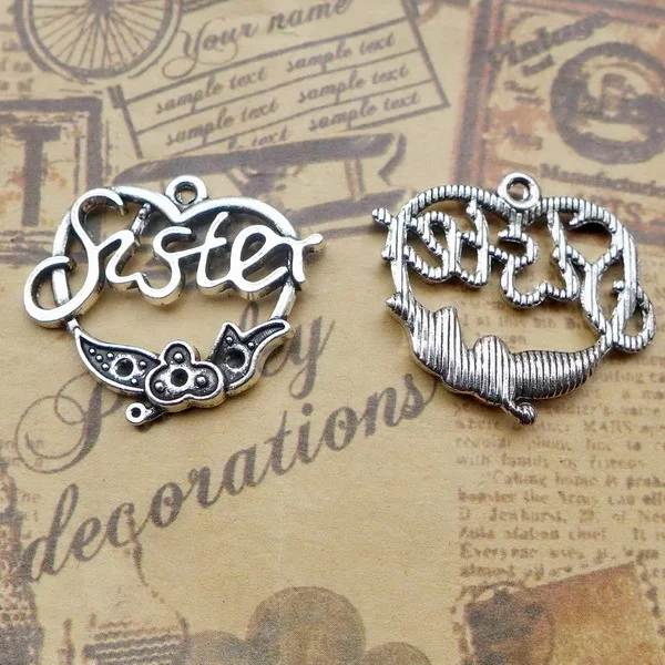 10 Pieces/Lot 23mm*27mm Diy Jewelry Accessory Antique Silver Plated New Heart Shaped Sister Charm Pendant For Making | Украшения и