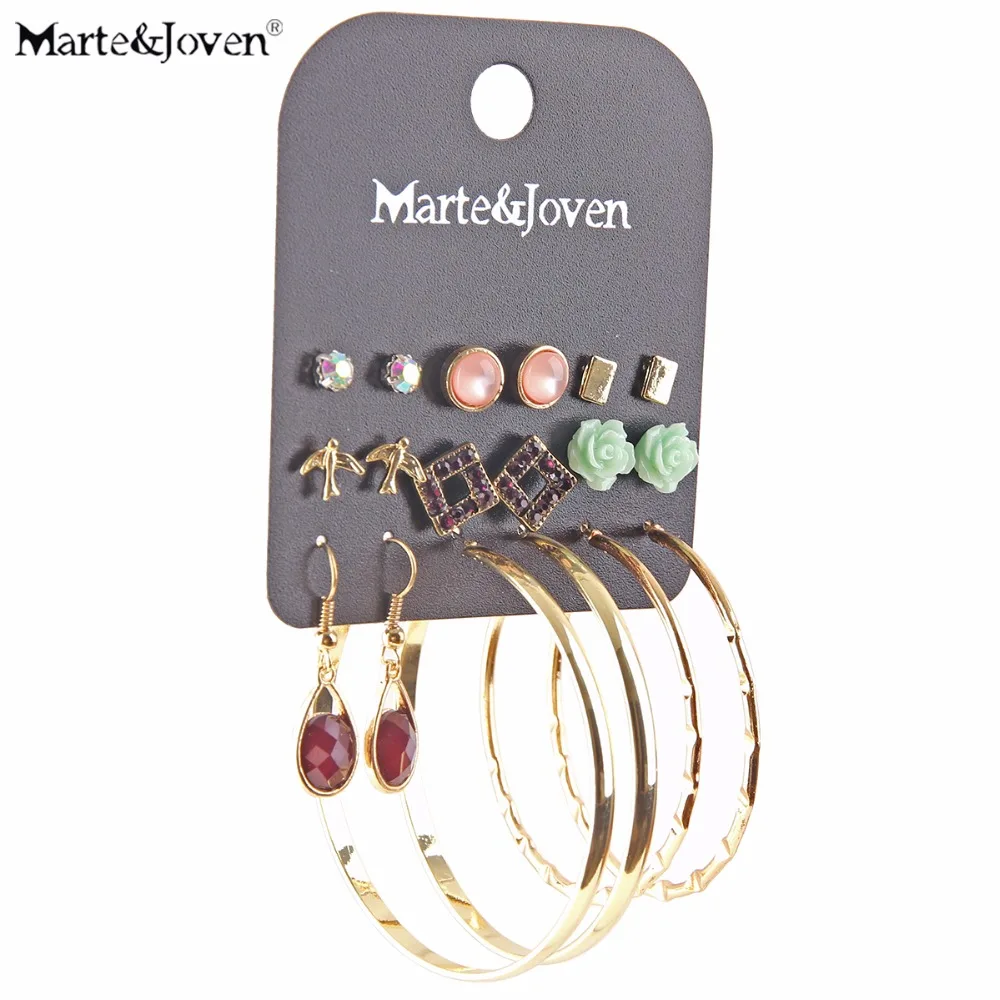 

Marte&Joven Gold Color Big Circle Hoops Earring Set for Women Fashion Rhinestone Square Ear Studs Mix Teardrop/Round Stud Sets