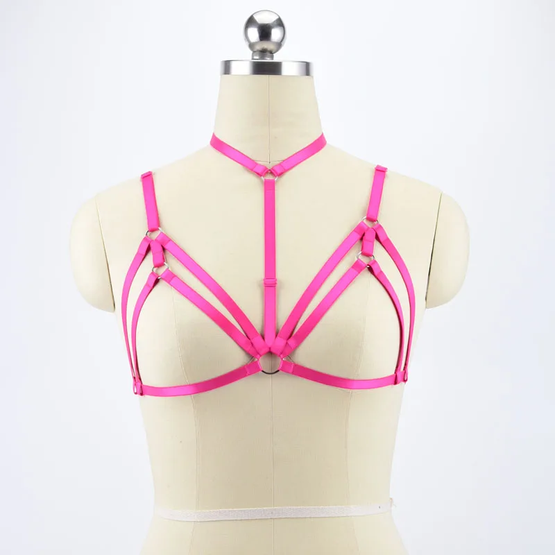 Colorful Cupless Body Harness Polyester Cage Bra Women Fetish Wear Open Chest Harness Bra Pole Dance Crop Top Lingerie O0501