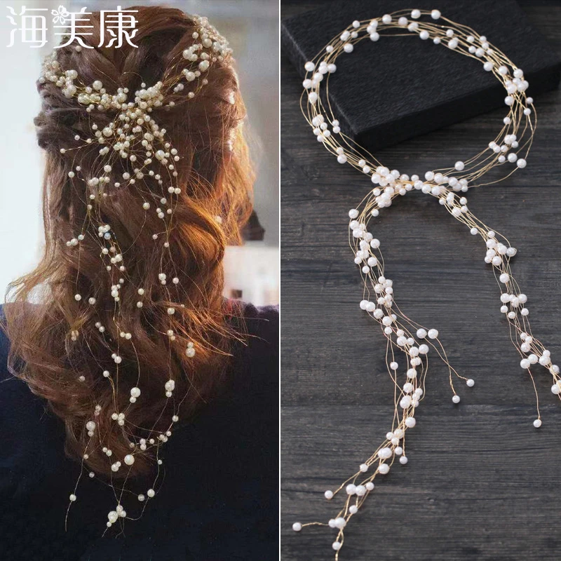 

Haimeikang 1 Set Pearl Jewelry Headband Women For Bride Handmade Pearl Earring Headdress Bridal Hairbands Wedding Accessories