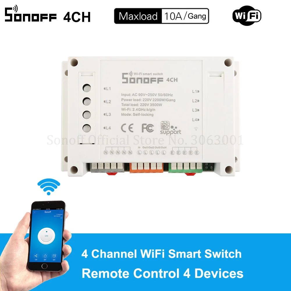 

Sonoff 4CH 10A/Gang Wifi Smart Switch 4 Gang Four Channel Remote Wifi Light Switch Control 4 Devices Work with Alexa Google Home