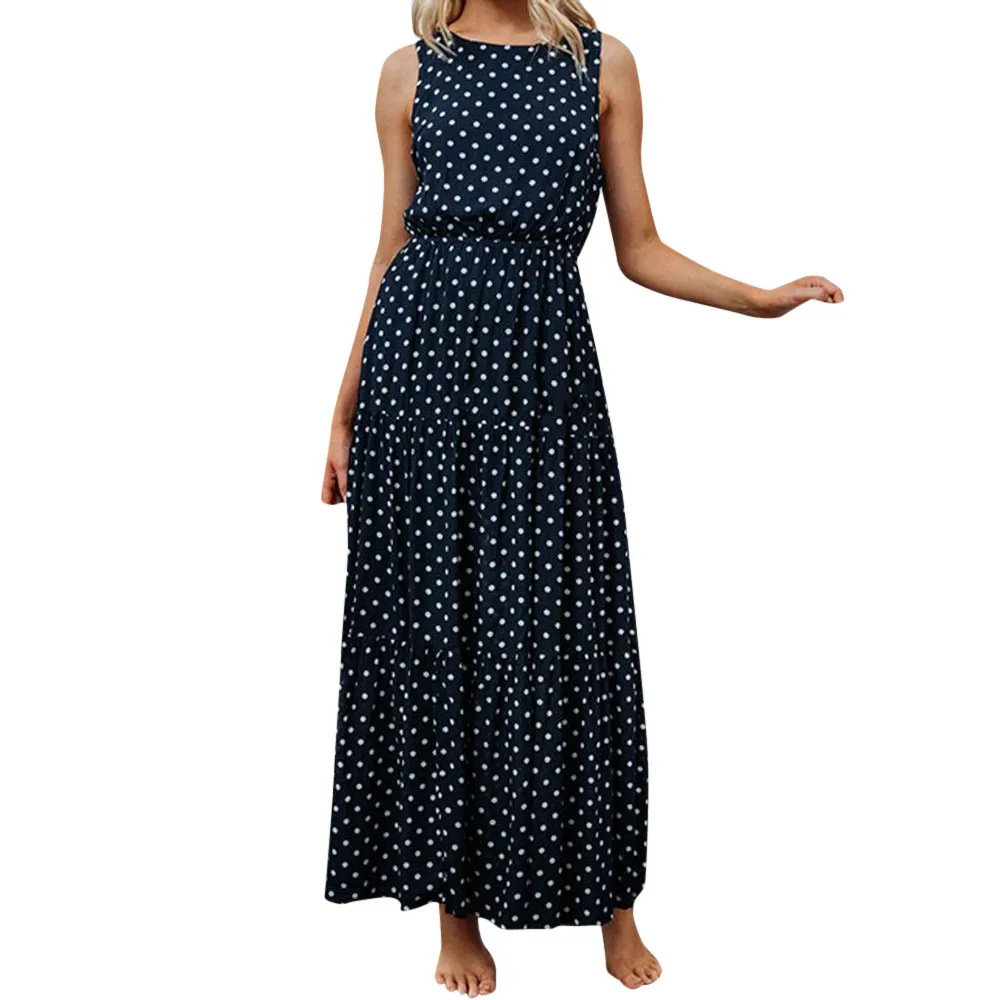 maxi dress Women Ladies Dot Printing Round Neck Sleeveless Party Long ...