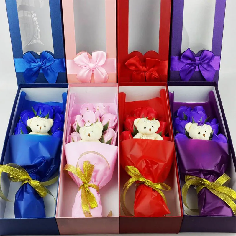 Soap Flower Bouquet/&Bear Packing Box Scented Rose Valentine/'s Day Soap Rose