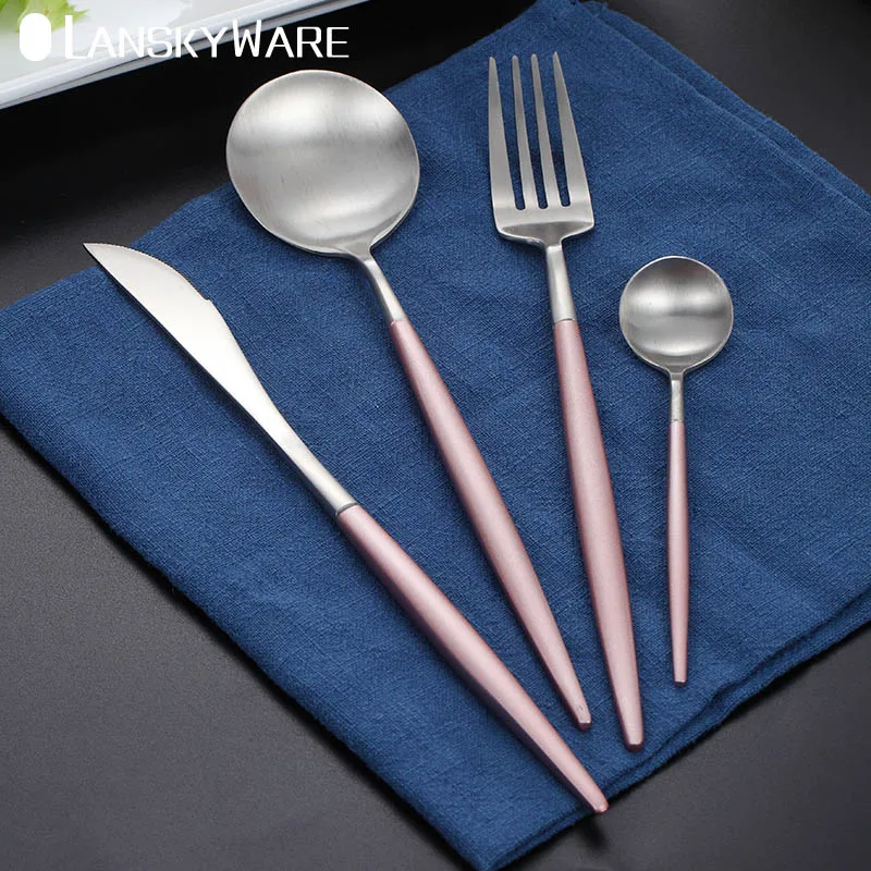 

LANSKYWARE 4 Pcs/Set Western Portable Cutlery With Bag 304 Stainless Steel Luxury Tableware Kitchen Silverware Picnic Dinner Set
