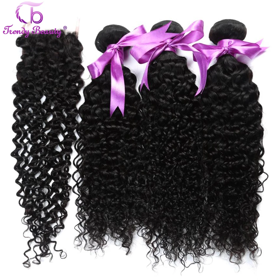 

Brazilian Kinky Curly with Free/Middle/Three Part Lace Closure Human Hair Bundles with Closure Natural Black Color Trendy Beauty