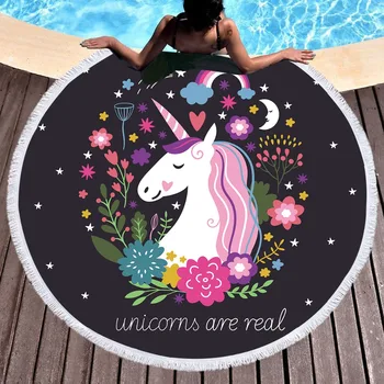 Unicorn Tassel Tapestry Floral Round Beach Blanket