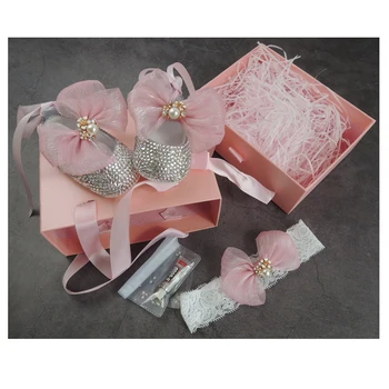 

set of baby shoes moccasins headband crystal rhinestone tips bling baby shower shoes newborn girl shoes newborn gift box