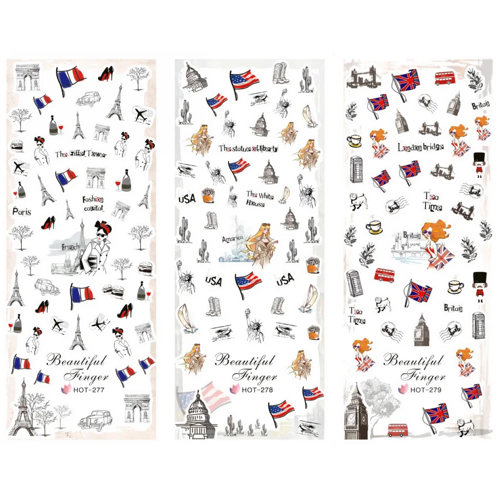 

3 PACKS / LOT NATIONAL FLAG LIBERTY STATUE US UK FRANCE NAIL TATTOOS STICKER WATER DECAL NAIL ART HOT277-279