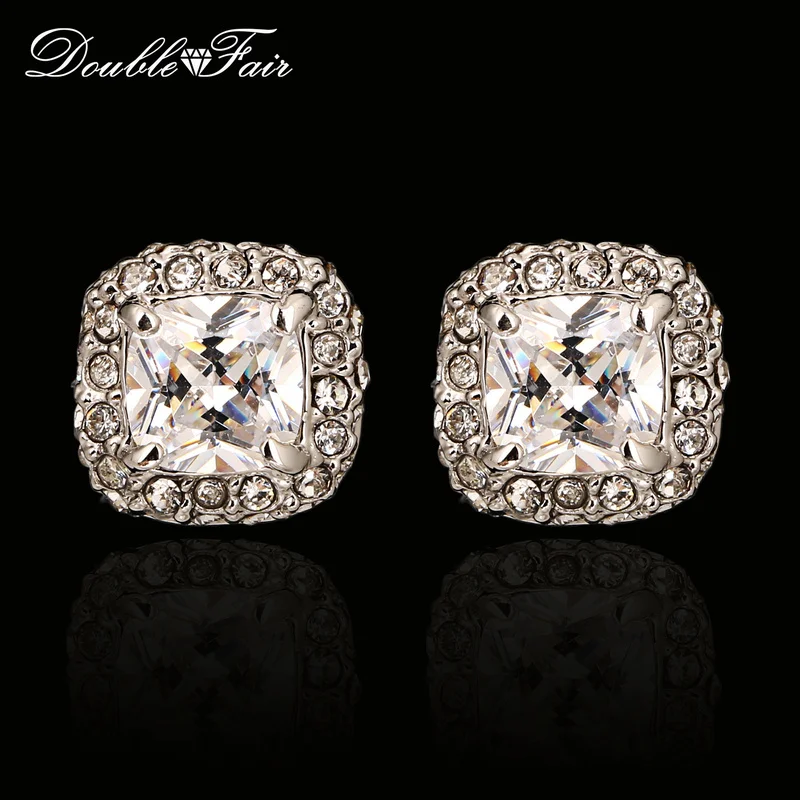 

Double Fair Trendy Cushion Cubic Zirconia Stud Earrings White Gold Color HotSale Fashion Wedding Jewelry For Women DFE043