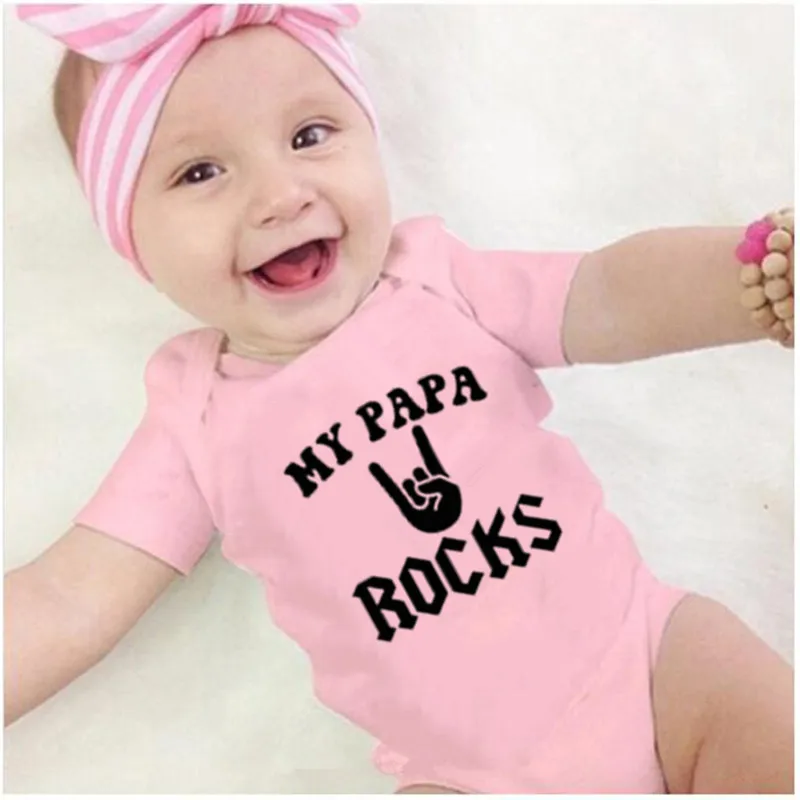 Funny MY PAPA ROCKS Print Baby Bodysuit Cotton Short Sleeve Newborn Baby Boys Girls Clothes Newborn Summer Onesie Jumpsuit - Цвет: Розовый