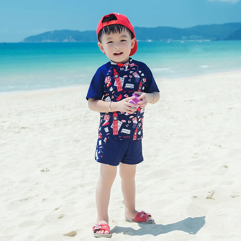 

2018 Baby Boys Swimsuits with Shorts 3pcs Children Swimwear UV Prodection UPF50+ Short Sleeve Shirt+trunks+hat Rush Guard