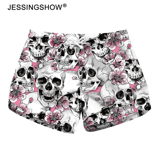 Flowers Skull Printed Women Beach Shorts Drawstring Waist Ringer Shorts 2018 Summer Sports Running Shorts