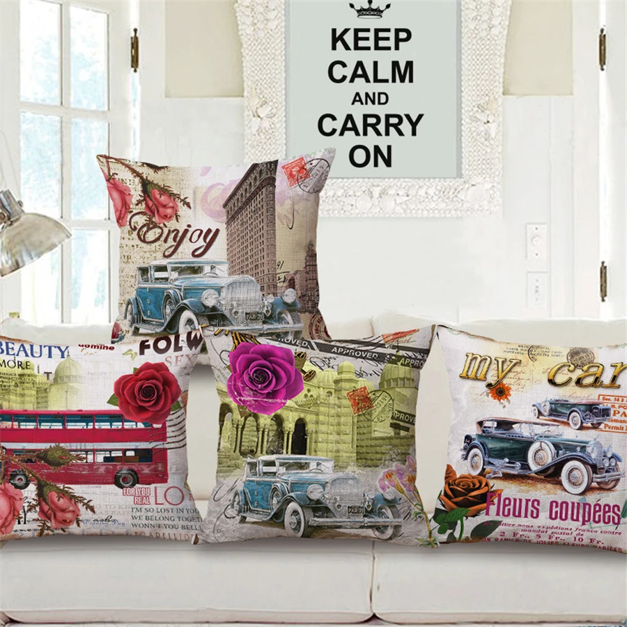 cheap Retro Classic Cars Decorative Office Chair Cushion Cover Vintage Home Decor Car Bed Sofa Throw Pillow Case Cotton Linen e1084
