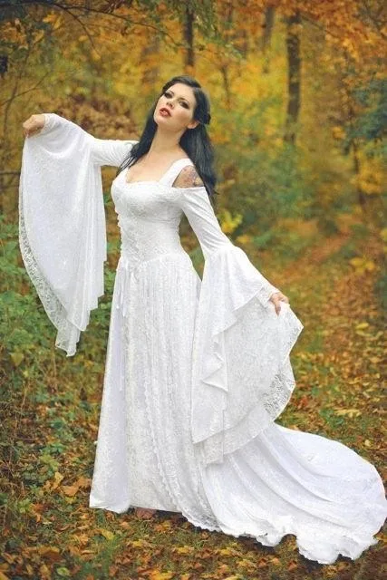 Fantasy Fairy Medievale Lace Up Abiti Da Sposa Custom Off Spalla campana  Maniche Lunghe Una Linea Corte Dei Treni Chiffon Bianco e pizzo|wedding  gowns|custom wedding gowngown wedding - AliExpress