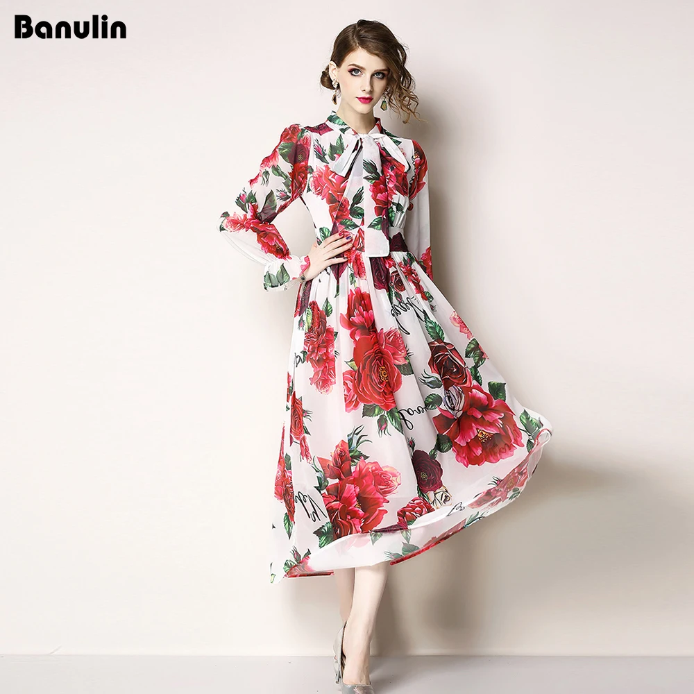 

2018 Runway Designer Boho Long Dress Women's Elegant Beach Vacation Flower Printing Long Dress Bow Collar Mid-Calf Party Dresses