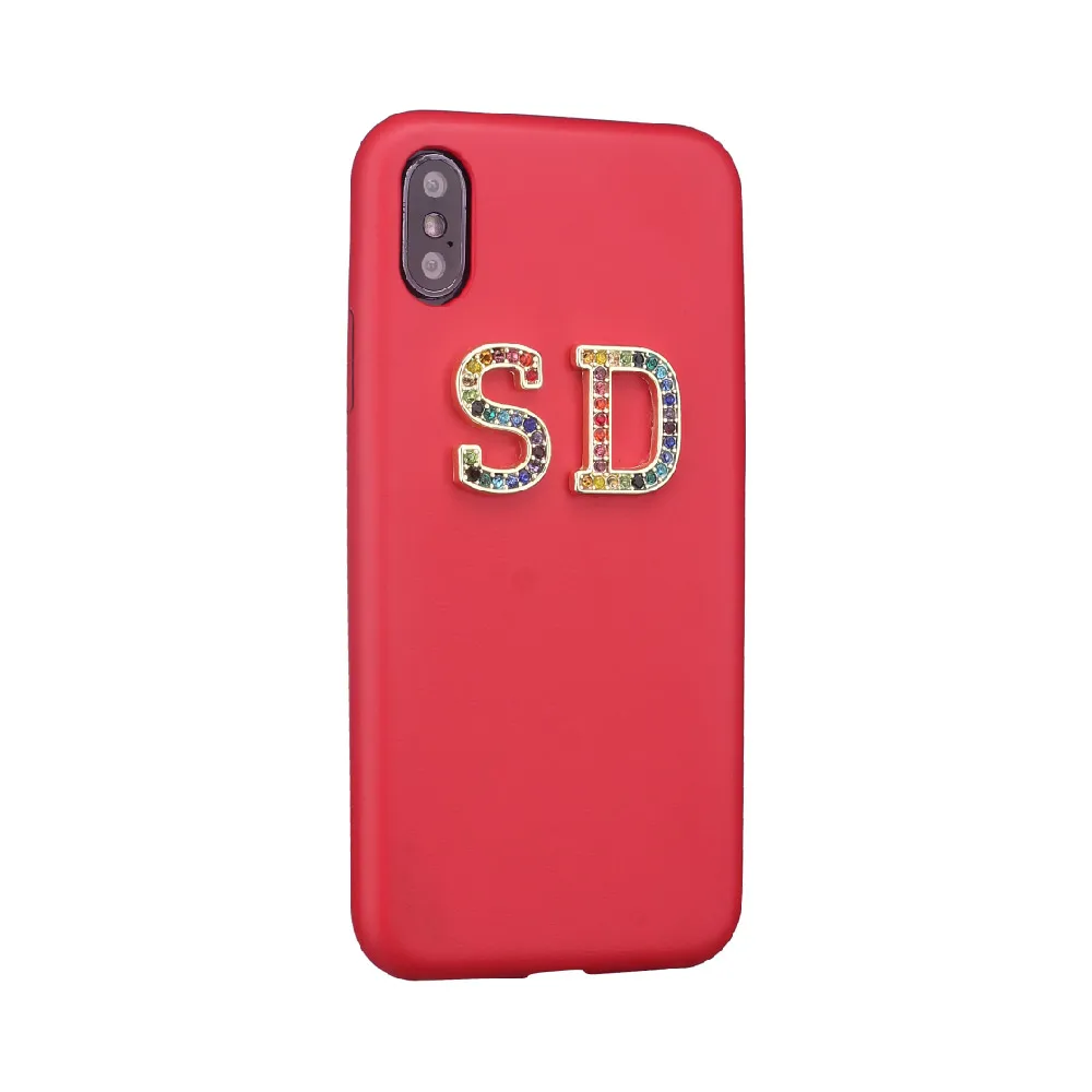 Стразы, бриллианты, металлические индивидуальные инициалы, гладкий тонкий кожаный чехол для iPhone 11 Pro 6S XS Max XR 7 7Plus 8 8Plus X - Цвет: Red Leather Case