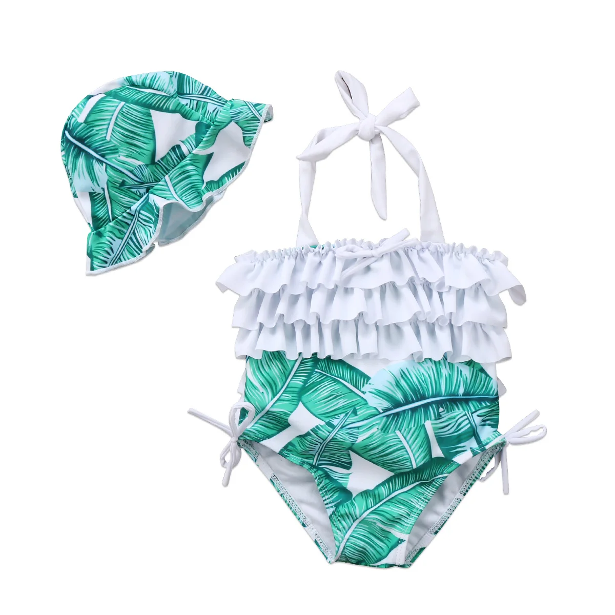 Летние Новые Детские бикини для девочек Купальник соответствующие Пальмовые Листья цельные костюмы с рюшами милые купальники пляжный костюм - Цвет: Зеленый
