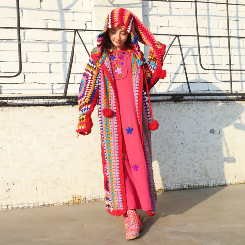 Free Shipping 2019 New 100% wool Coat For Women Plus Size Loose Outerwear Long Sleeve Maxi Hand Made National Sweaters With Hood Free Shipping 2019 New 100% wool Coat For Women Plus Size Loose Outerwear Long Sleeve Maxi Hand Made National Sweaters With Hood