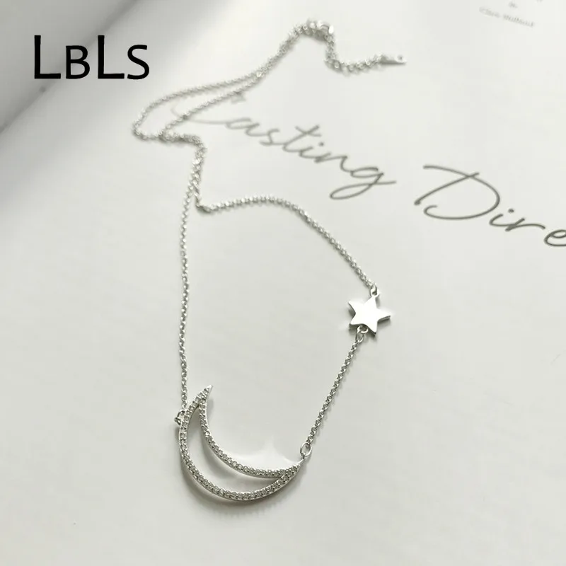 LBLS Настоящее серебро 925 ювелирные изделия половина ожерелье с Луной и звездой для женщин AAA кубический цирконий ожерелье s& Подвески цепочка чокер для девушек подарки