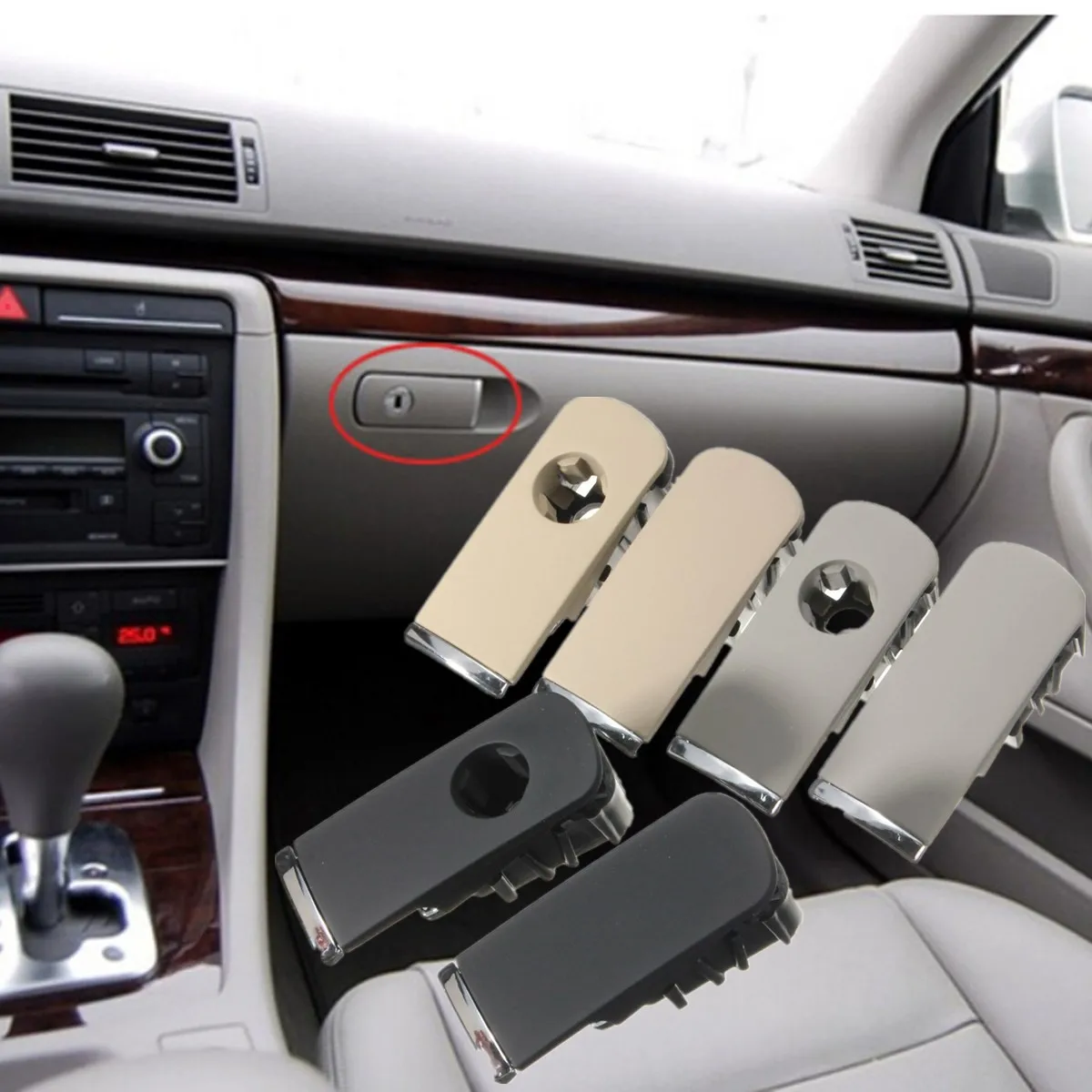 

Plastic Chrome Glove Box Lock Lid Open Lock Handle Puller With Lock Hole For Audi A4 8E B6 B7 High Quality